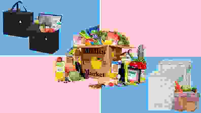 Reusable grocery bags, produce bags, and an overflowing Misfits Market box on a pink and blue background.