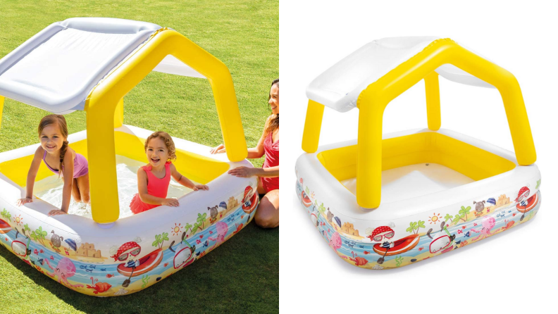 A family playing in a white and yellow pool with a protective covering