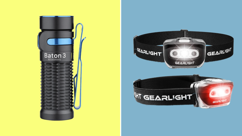 Product shots of the Olight Baton 3 LED flashlight from B&H Photo and two headlamps from Gearlight.