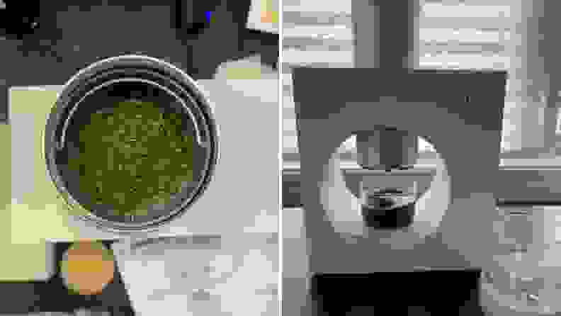 On left, Cuzen hopper shot from above filled with matcha leaves. On right, the Cuzen in action as matcha is being made.
