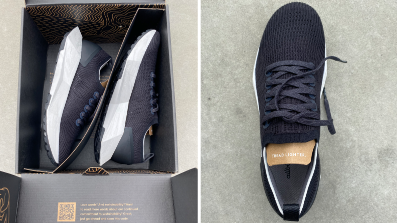 Split image of Allbirds Tree Flyers sustainable sneakers.