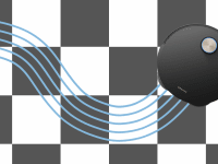 One robot vacuum and mop cleans a black and white checkered floor with graphic water lines