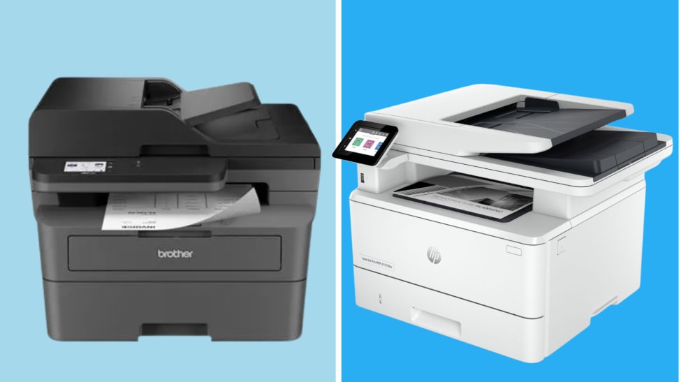HP LaserJet Pro MFP 4101fdw and Brother MFC-L2820DW printer side by side on a blue and teal background