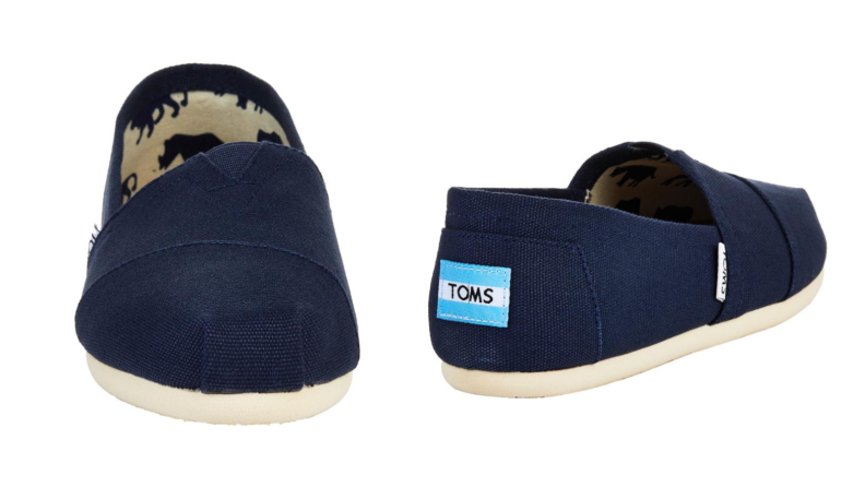 Two images of the same pair of TOMS canvas slip on shoes seen from different angles.