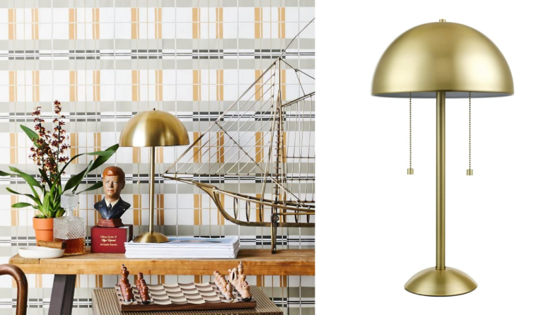 On the right, a close-up of a gold domed lamp with pull chains. On the left, that same lamp posed on a table.
