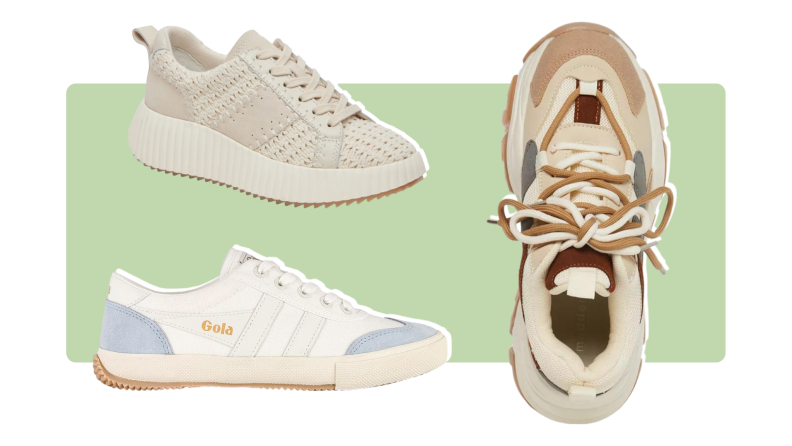 A chunky platform sneaker with brown details, a white sneaker with bluea accents, and a knit cream-colored sneaker.