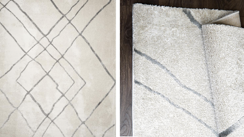 Two images of off-white rug with geometric pattern