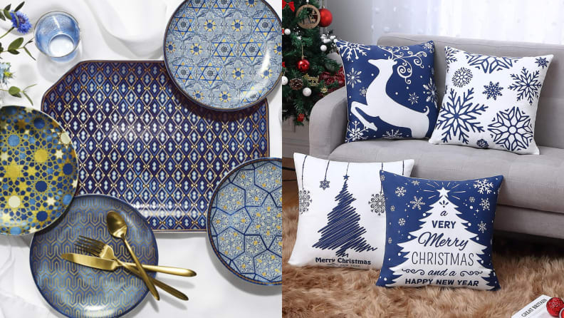 Blue Hanukkah-themed plates and Christmas-themed pillows.