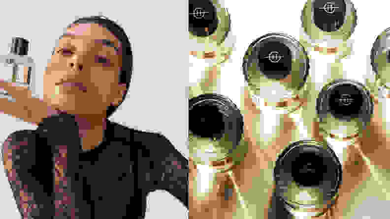 On the left: A model leaning in toward the camera and holding a bottle of perfume. On the right: A shot from above of several bottles of perfume.
