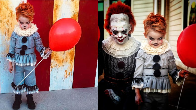 Child dressed up as scary clown Halloween costume.