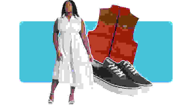 A shirtdress, sneaker, and red puffer vest.