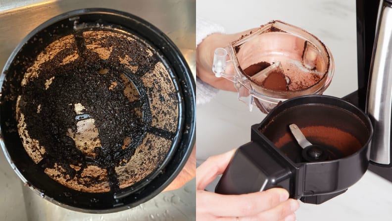 Left: Messy remaining coffee grounds in the filter. Right: hand opening the grinder to reveal a wet mess