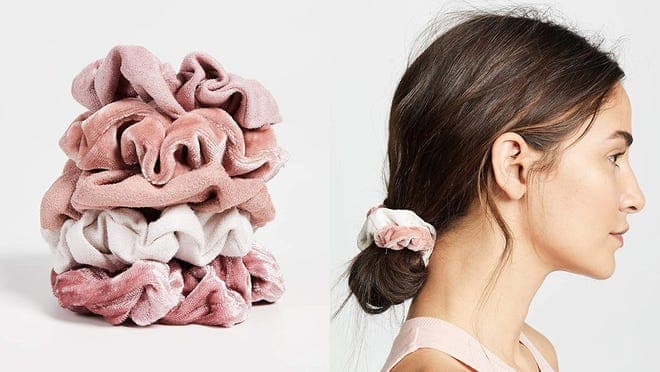 Person wearing a velvet scrunchy / stack of scrunchies