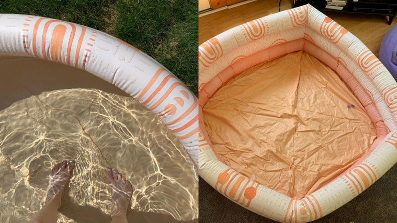 On left, feet standing in water inside the Minnidip Sunkissed Terracotta inflatable pool. On right,  half-inflated swimming indoors.