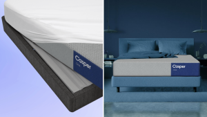 A Casper mattress in a bedroom next to a Casper mattress on top of a base above a mattress protector.