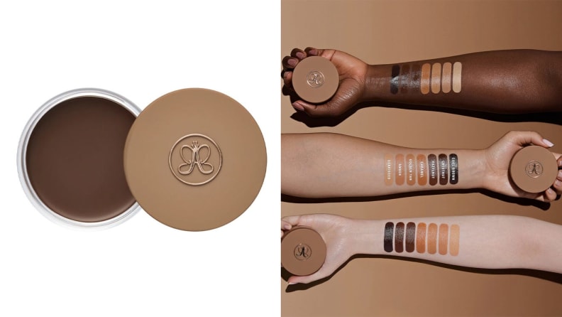 On left, jar of dark bronzer. On right, arms holding jars of concealer with color swatches on arm.