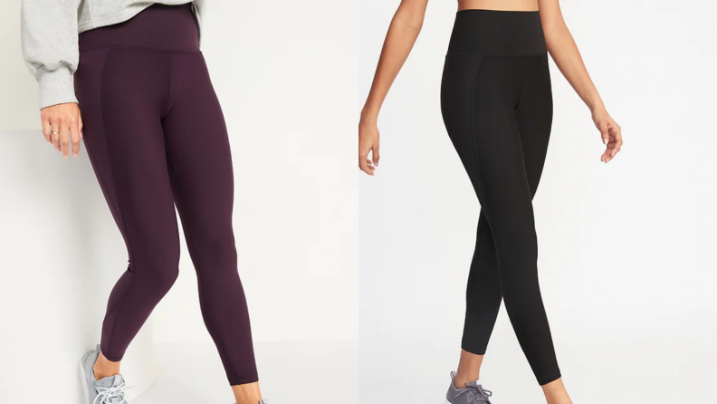 Two images of the same pair of high-waisted leggings in different colors.