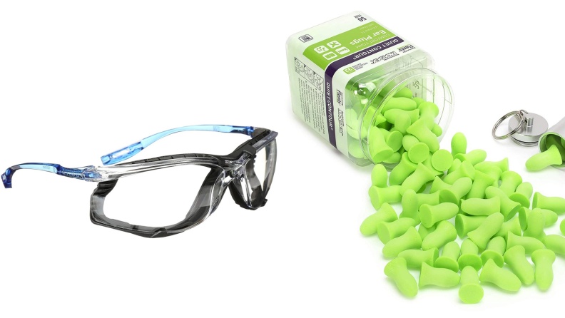 On left, product shot blue and clear anti-fog safety glasses. On right, clear jar of neon ear plugs