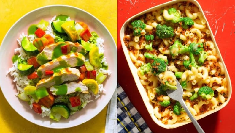 A tofu chicken rice bowl on the left. Broccoli maccaroni casserole on the right.