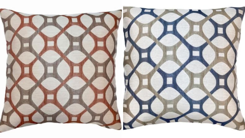 Armen throw pillows in coral and cobalt