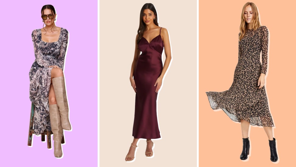 Three Macy's Best Dresses featuring three women wearing a floral-printed maxi dress, a burgundy-colored slip dress, and a floral-printed midi dress.