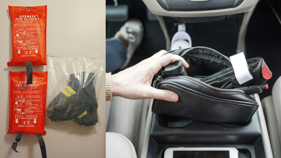 On left, 2-pack of XL Everlit Fire Blankets hanging on wall. On right, Recon Medical tourniquet sticking out of woman's purse in car.