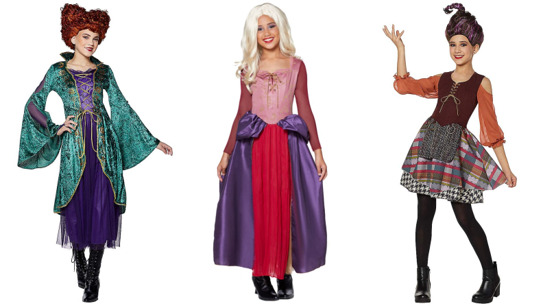 Three tweens dressed in costume as the Sanderson sisters from Hocus Pocus