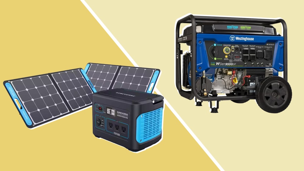 A solar powered generator next to a gas-powered generator on a yellow background.