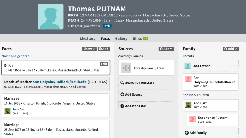 Screenshot of info on Thomas Putnam