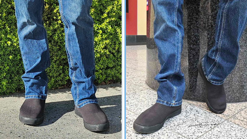 Two pictures of the author wearing jeans and the Vessi shoes.