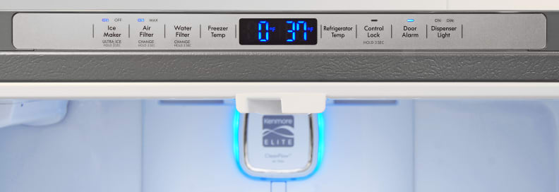 Controls for the Kenmore Elite 72483 are kept along the top edge of the main fridge compartment's frame.