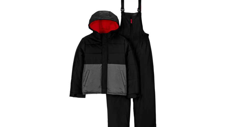 An image of a two piece snowsuit complete with a jacket in black and grey and a pair of overalls in the same puffy material.