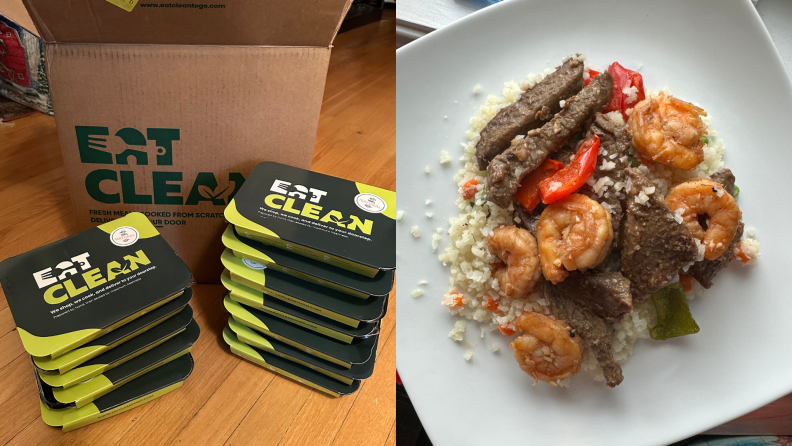 Left: Stacks of Eat Clean To Go meals in their packaging beside a branded box. Right: A plate of shrimp, steak, and cauliflower rice