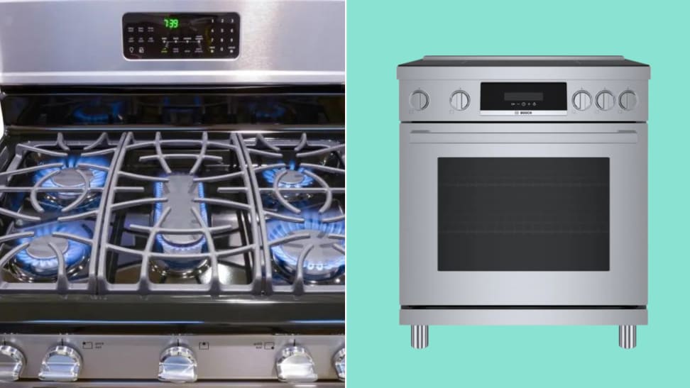 Left: Gas Rangetop with 5 burners on. Right: Induction range viewed from the front.