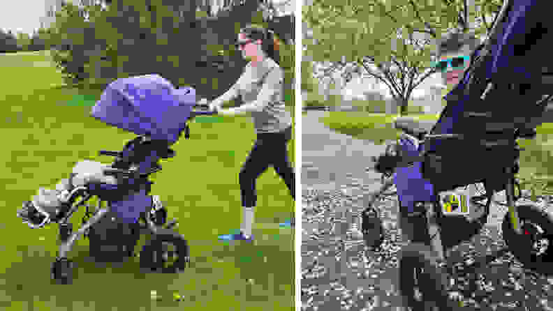 Photo collage of an adult pushing small child outdoors inside of the Convaid Coaster stroller. On right, the child smiles while seated in the stroller, looking at the camera.