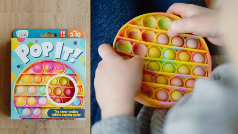 a circular pop-it in its packaging features a tie-dye design, next to a child playing with a circular pop-it