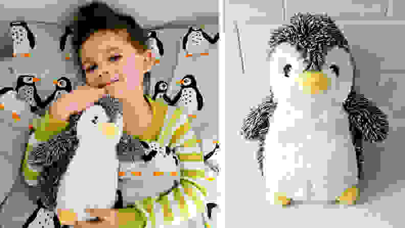 Photo collage of smiling child laying down while holding the Warm Pals Peppy Penguin next to the Warm Pals Peppy Penguin on marble countertop.