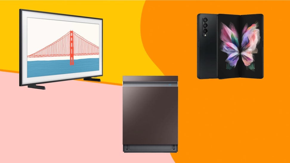 Samsung TV, dishwasher, and phone against a colorful background.