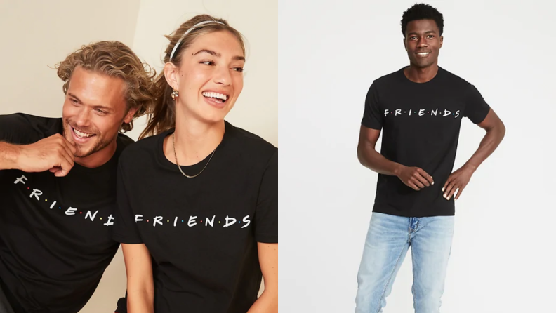 Two images of people wearing a black t-shirt with the Friends logo.