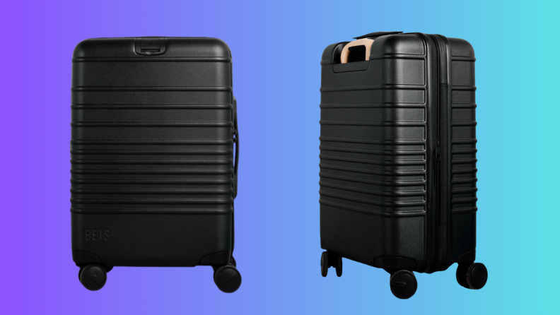 Two pieces of luggage on a purple and blue background