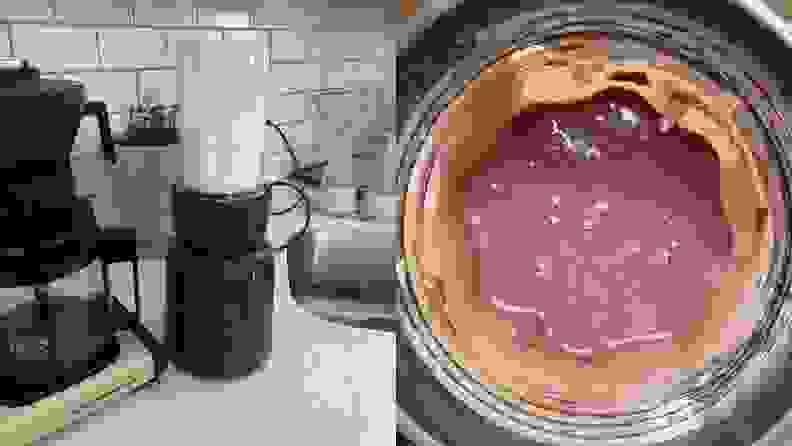 Left: Splendor Blender sitting on a kitchen counter. Right: Blended smoothie in blender cup, shot from above