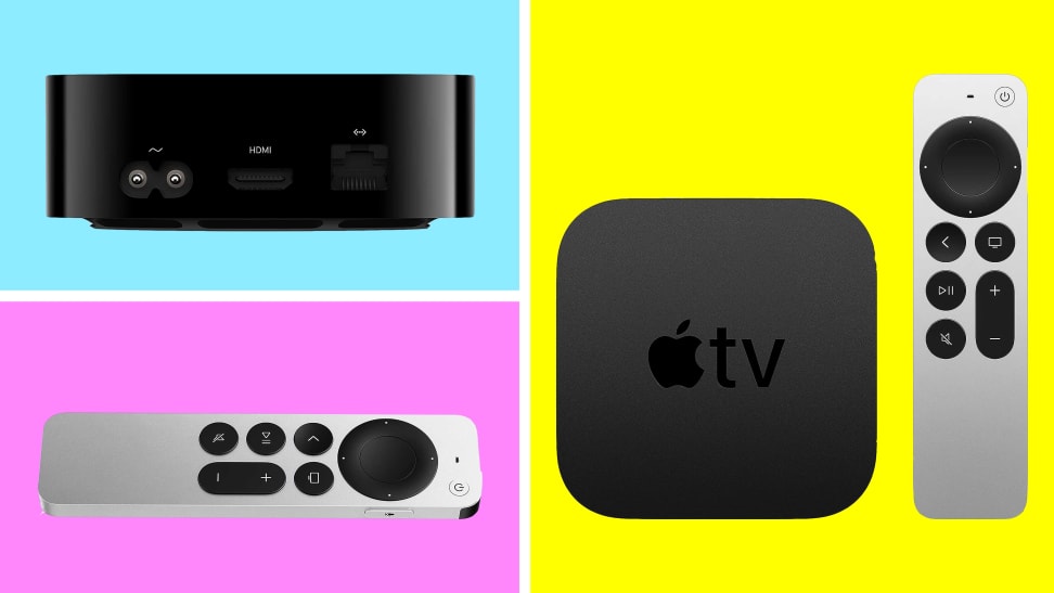 Various pieces of the Apple TV 4K streaming device in front of colored backgrounds.