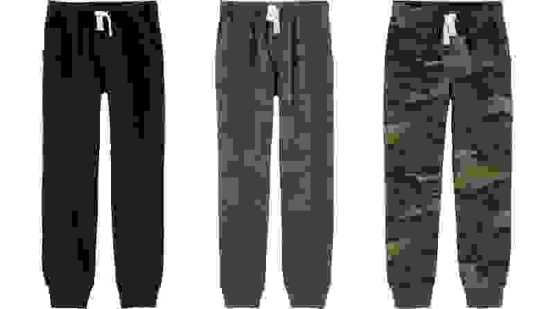 Image of three sets of sweatpants: black, gray, and camo