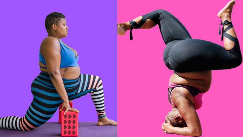On left, person stretching on yoga mat with eyes closed. On right, person doing yoga headstand.