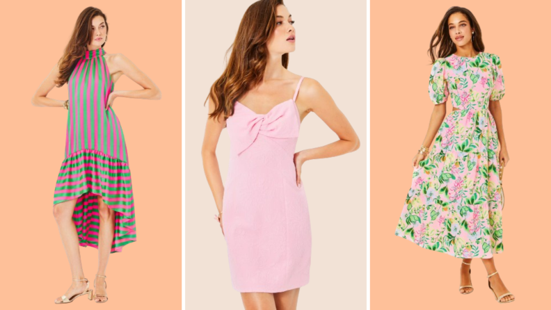 Collage image of three models. One wears a pink midi dress, one wears a green boucle tweed mini dress, and the next wears a printed pink mini dress.