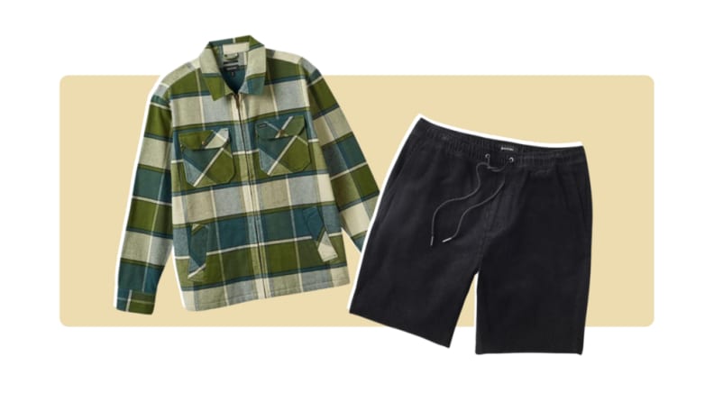 A green and blue plaid overshirt, and a pair of black corduroy shorts.