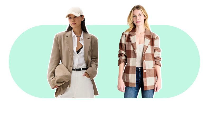 A model wearing a beige blazer on the left, and another model wearing a brown plaid blazer on the right.