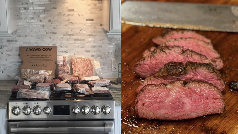 On left, a stovetop filled with packaged meat and an empty Crowd Cow box. On right, close-up image of medium-rare steak on wooden cutting board.
