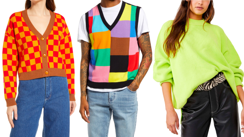 Three individuals wearing brightly colored and patterned tops, including an orange and yellow checked cardigan, a colorblock sweater vest, and a lime green, oversized sweater.
