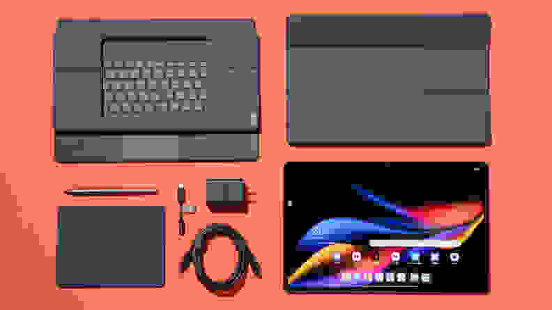 The Lenovo Tab Extreme and all of its accessories organized.